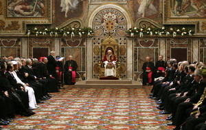 Pope Benedict XVI gives his annual speech to Vatican-based diplomatic corps at the Vatican, 07 January 2006. Pope Benedict XVI hailed last month's UN resolution calling for a moratorium on the use of the death penalty and called for a debate on the sanctity of life."I earnestly hope that this initiative will lead to public debate on the sacred character of human life," the pope said, referring to the non-binding resolution that was adopted on December 18.  AFP PHOTO / ALESSANDRA TARANTINO