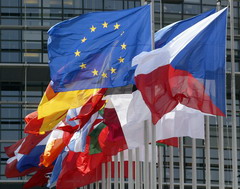 The flag of the European Union and those of the 25 countries pictured 04 May 2004 in front of the European Parliament in Strasbourg. AFP PHOTO GERARD CERLES