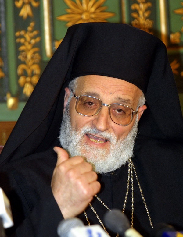 Syrian Greek Catholic Patriarch Gregorios III Lahham speaks at a press conference in Damascus 11 April 2001 on the 05-08 May visit to Syria of Pope John Paul II. Lahham announced that Lebanese Maronite Patriarch Nasrallah Sfeir, a vocal critic of Syria's military presence in Lebanon, has been invited to Damascus for the visit.      AFP PHOTO/Louai BESHARA