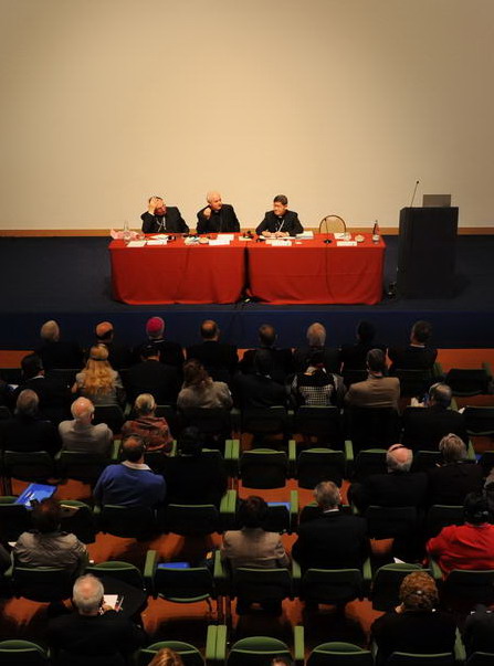 S.E. Mons.Jean Lafitte, S.E: Mons, Vincenzo Paglia  e Il cardinale Luis Antonio Tagle, durante i lavori dell'Assemblea plenaria del Pontificio Consiglio della Famiglia "Nuovi orizzonti antropologici e diritti della famigliaÓ, Roma, Domus Pacis, 24 ottobre 2013