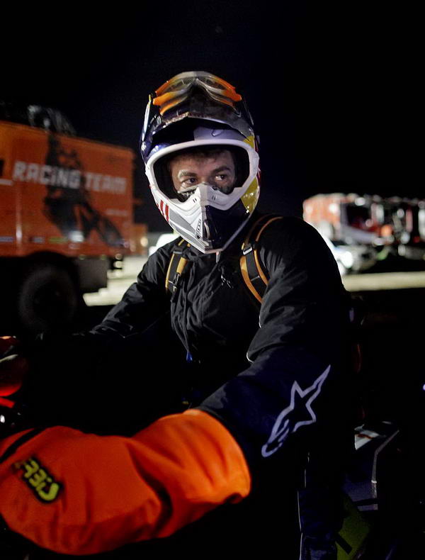 Spain's KTM biker Marc Coma prepares for the start of the 10th stage between Copiapo, Chile and Chilecito, Argentina, January 12. (Natacha Pisarenko/Associated Press)