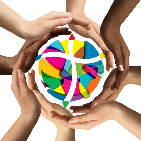 Conceptual symbol of multiracial human hands making a circle on white background with a copy space in the middle