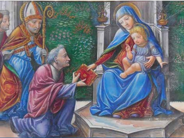 Milano, Biblioteca del Capitolo Metropolitano: Pietro Casola offre alla Vergine un Codice (Antifonario, 1502, miniatura)