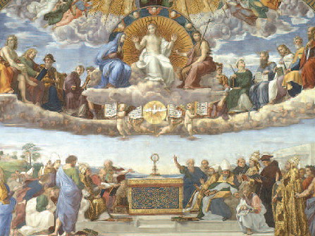 “Disputa dell’Eucaristia”, affresco di Raffaello Sanzio, 1509, Stanza della Segnatura, Musei Vaticani.
