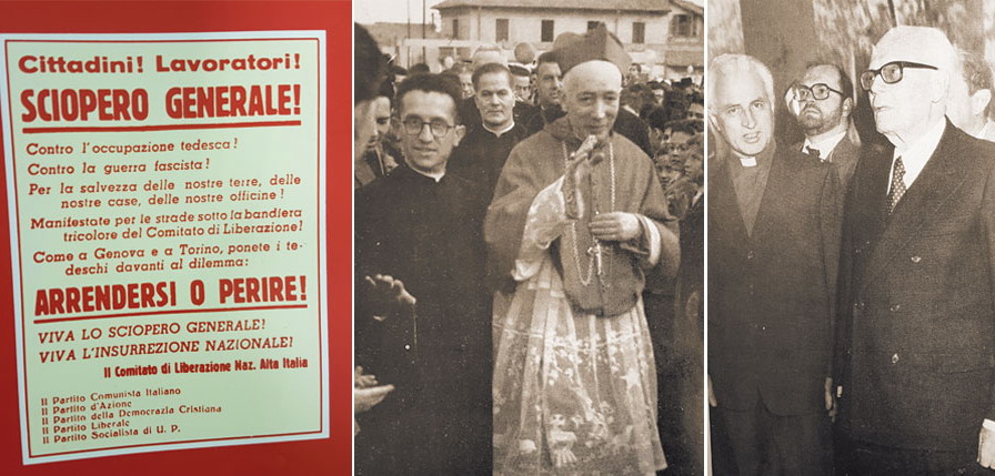 Uno dei proclami del 25 aprile 1945; don Della Torre con il cardinal Schuster nell'immediato dopoguerra; il presidente Pertini visita via Copernico nel 1980.