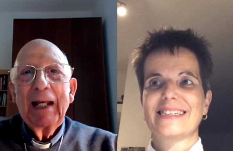 Padre Sorge e Chiara Tintori durante una puntata dei loro colloqui sulla politica trasmessi da Ets