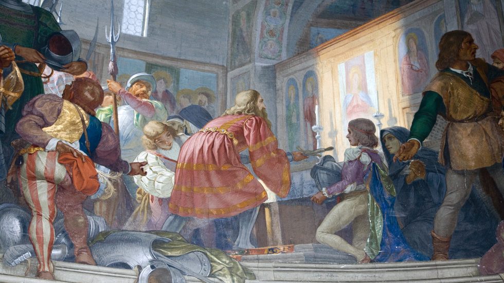 Lautrec depone le sue armi davanti alla miracolosa immagine, nell'affresco nel santuario della Madonna delle Lacrime di Treviglio