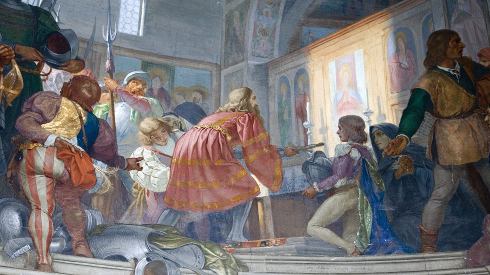 Treviglio Lacrime Lautrec depone le sue armi davanti alla miracolosa immagine, nell'affresco nel santuario della Madonna delle Lacrime di Treviglio