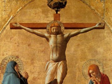 Un particolare della «Crocefissione» di Masaccio, esposta al Museo diocesano