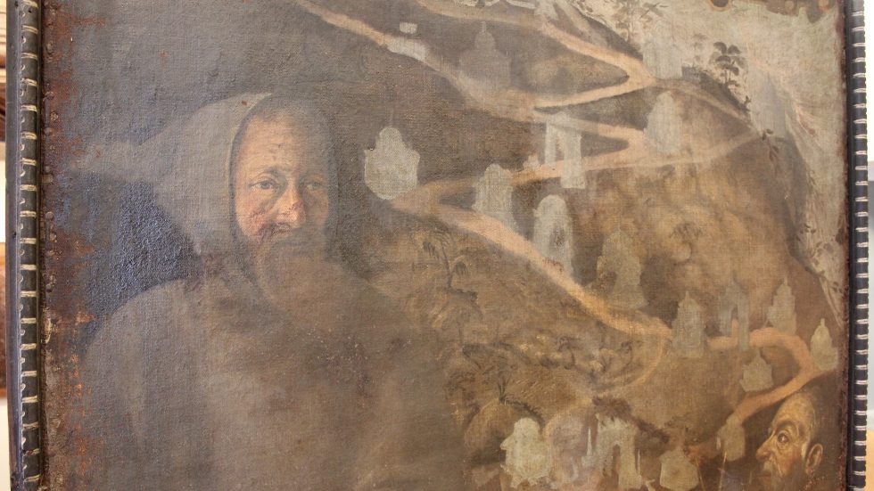 Padre Aguggiari e, a destra, l'architetto Bernascone con la Via Sacra sullo sfondo nella tela del Seicento da restaurare