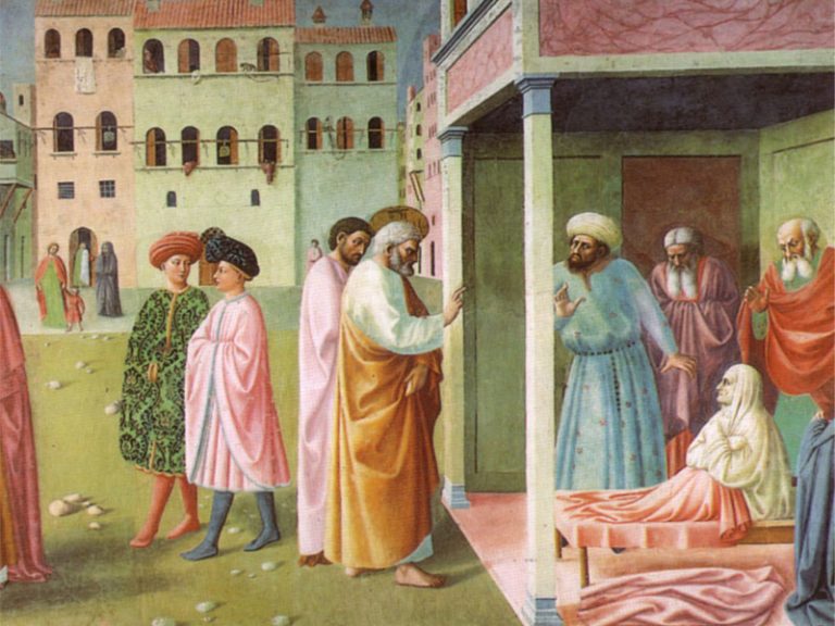 «Guarigione dello storpio e resurrezione di Tabita (restaurato), Masolino, Cappella Brancacci (Wikimedia Commons)
