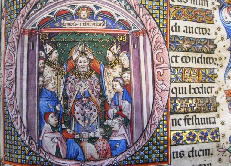 Anovelo da Imbonate, Consacrazione del vescovo Ambrogio, Messale Visconti (M6), 1395, Biblioteca capitolare di Sant’Ambrogio a Milano