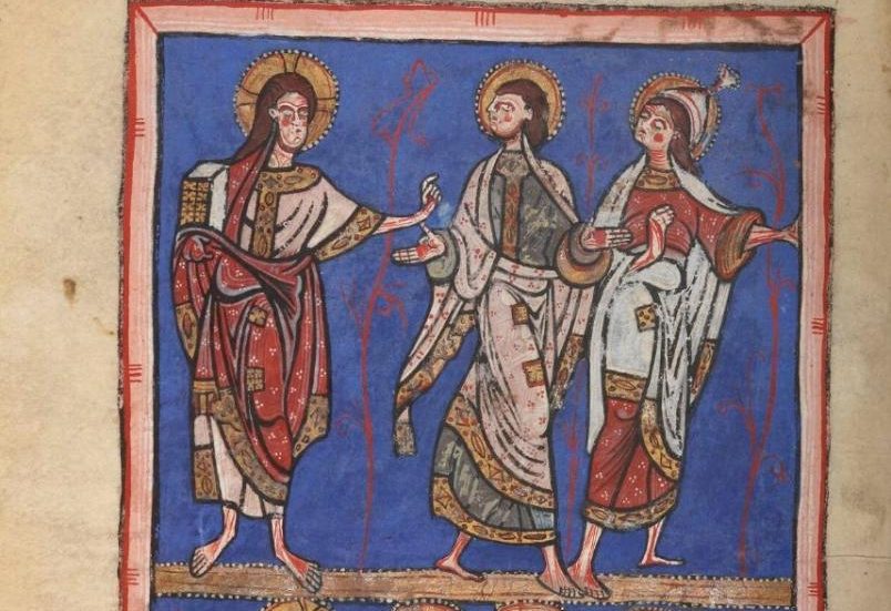 Gesù manda due discepoli a prendere il puledro, Sacramentarium (Latino 9438, XI-XII secolo), Limoges (Francia), Saint-Martial Gesù manda due discepoli a prendere il puledro, Sacramentarium (Latino 9438, XI-XII secolo), Limoges (Francia), Saint-Martial