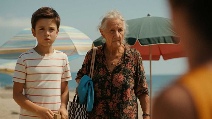 Un bambino e un’anziana donna sono fermi sulla spiaggia, entrambi rivolti verso qualcuno fuori campo; il bambino indossa una maglietta a righe e tiene in mano un oggetto di legno, mentre la donna porta una borsa e un asciugamano, con ombrelloni da mare colorati sullo sfondo.