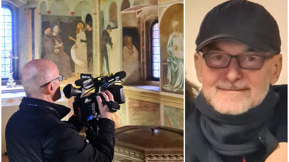 Giancarlo Iasoni durante le riprese a Castiglione Olona e in un recente ritratto sorridente