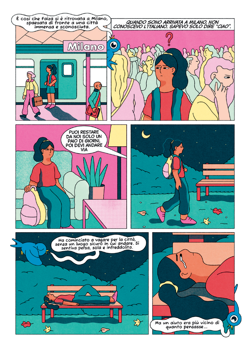 Tavola del fumetto Il sogno di Faiza che racconta l’arrivo della ragazza a Milano dal Marocco: la giovane scende alla fermata della metro, si muove spaesata tra la folla e passa la notte su una panchina senza un luogo sicuro dove andare.