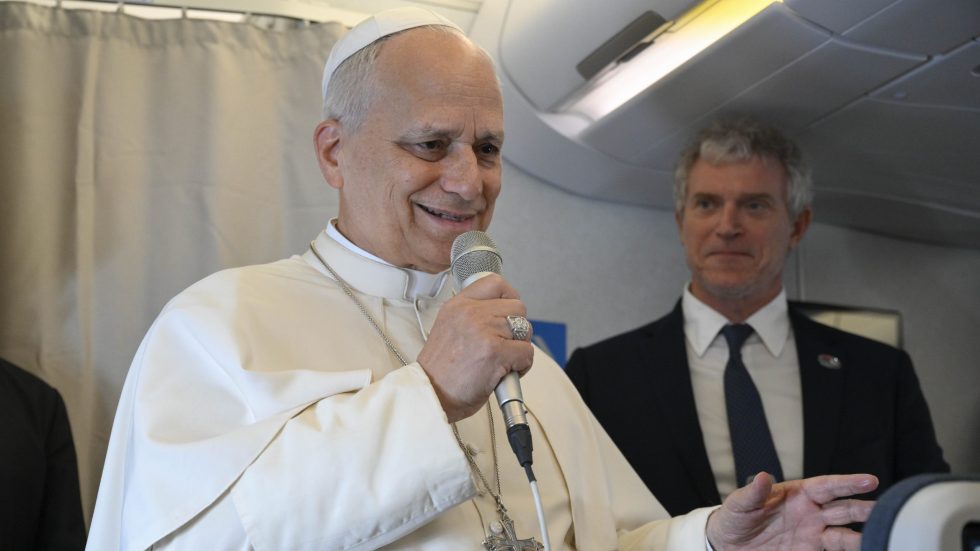 Conferenza stampa sul volo da Luanda a Malabo (Foto Vatican Media/SIR)
