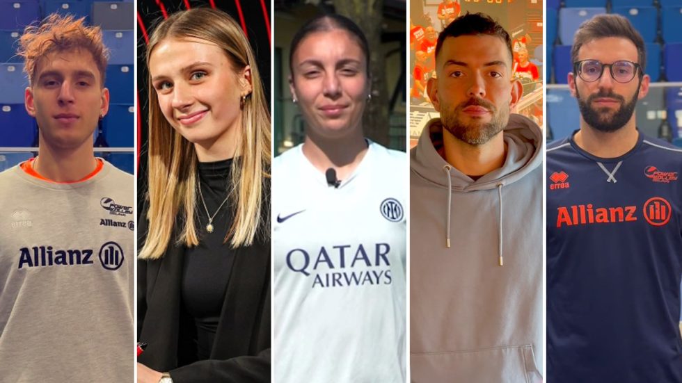 Da sinistra, Tommaso Ichino Powervolley Milano; Lavinia Tornaghi AC Milan Femminile; Haley Bugeja FC Inter Femminile; Giampaolo Ricci Olimpia Milano ; Damiano Catania Powervolley Milano
